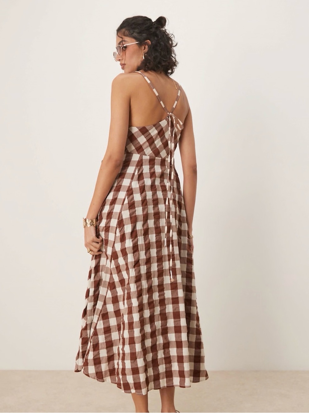 Free People Brown and White Gingham Tie-Front Midi Dress - Picture 3 of 4